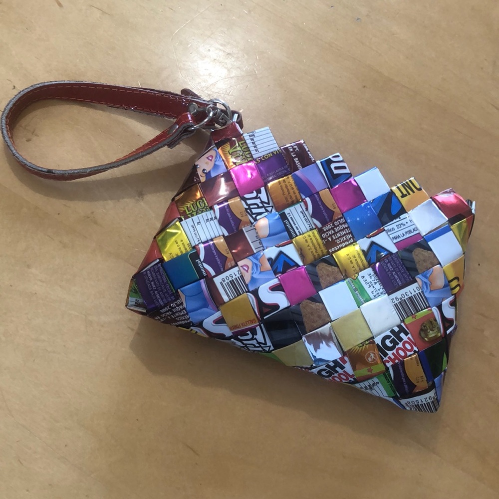 Wristlet made of gum/snack wrappers.